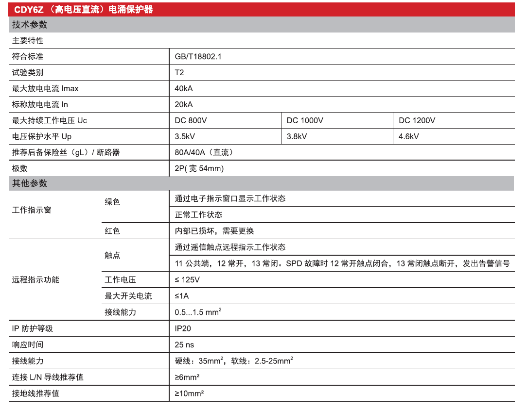 CDY6Z直流電涌保護器（高電壓）產(chǎn)品參數